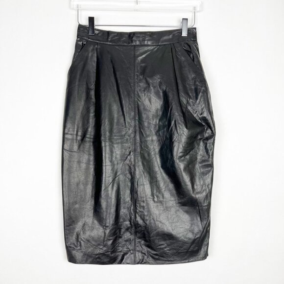 NWT Vintage Synergy Genuine Leather Midi Pencil Skirt w/Pockets. Black. Size 10 - Picture 1 of 14
